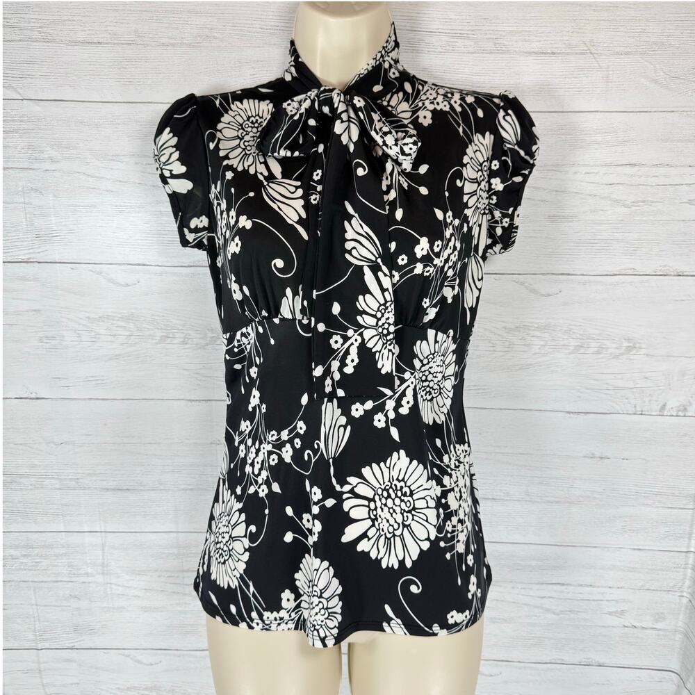 VTG Maurices y2k small‎ floral black white bow whimsygoth career secretary USA